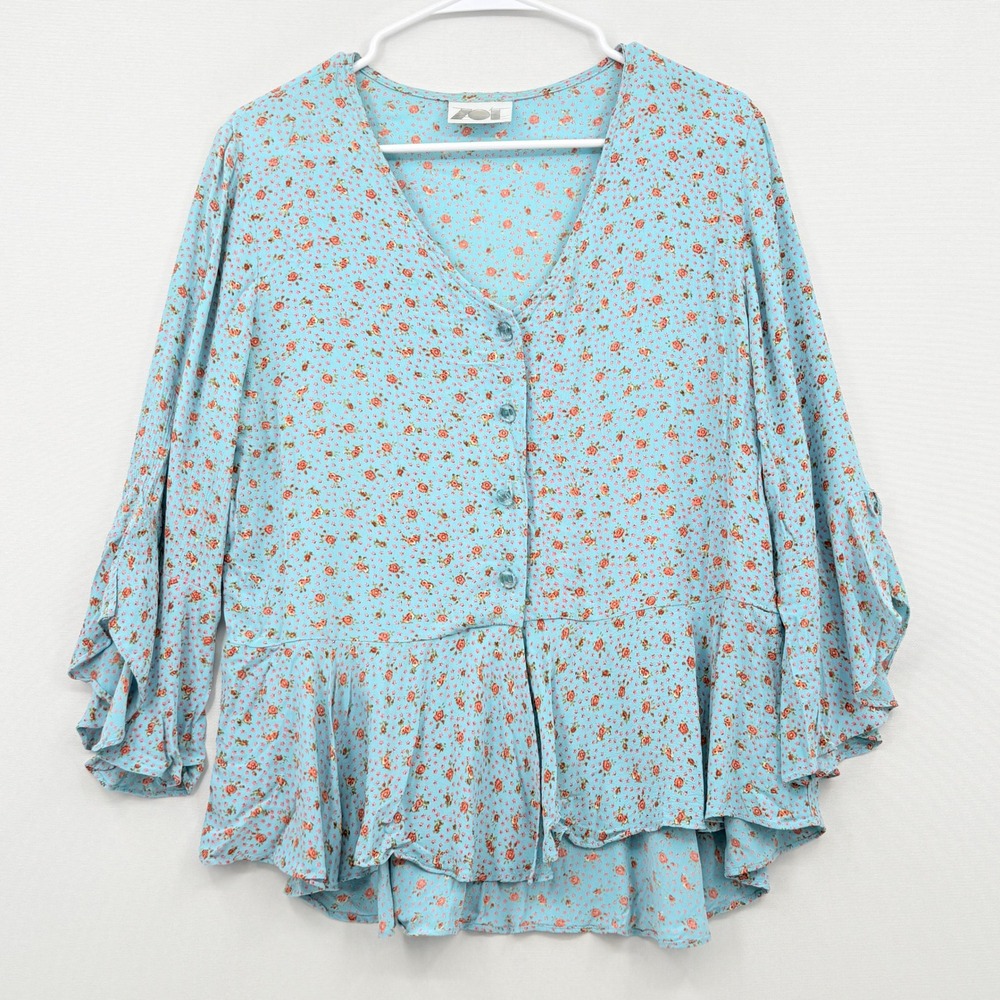 Y2K Zoe Floral Blouse Womens Large Blue Ruffle Bell Sleeve Cottagecore Boho